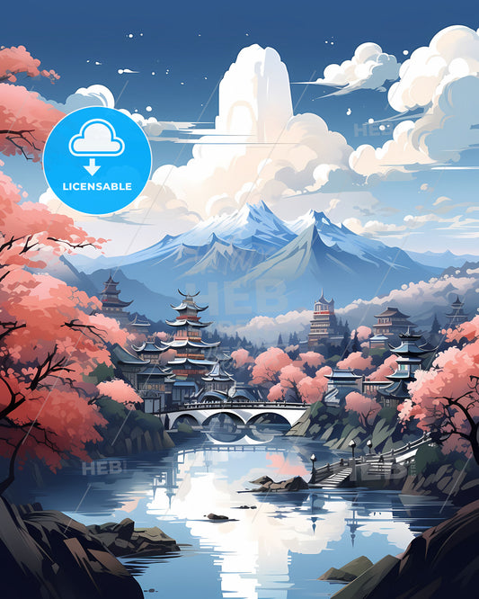 Taguig City Skyline Landscape Painting - An Artistic Riverfront Scene with Bridge and Trees