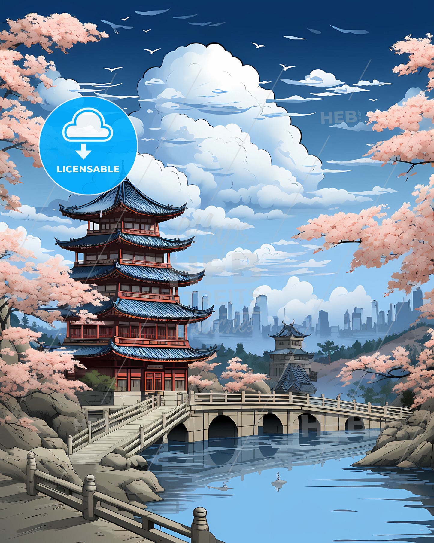 Tai an China Skyline - Vibrant Painting of a Bridge and Pagoda over River with Cityscape Background