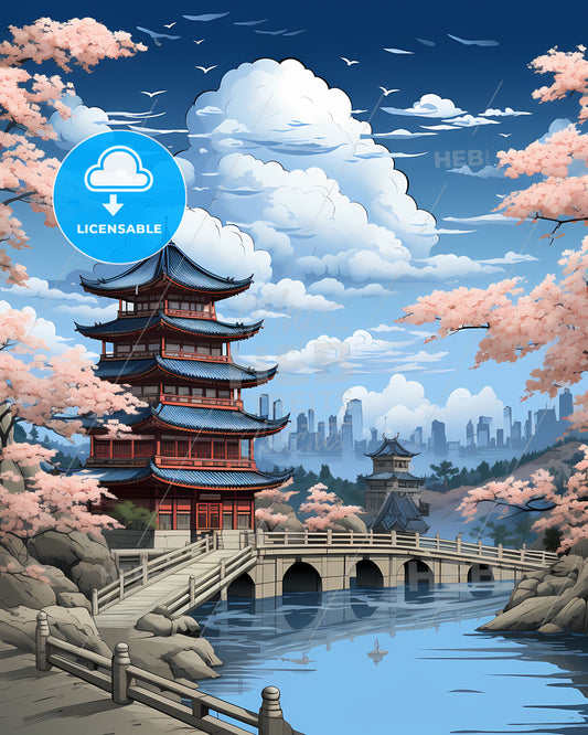 Tai an China Skyline - Vibrant Painting of a Bridge and Pagoda over River with Cityscape Background