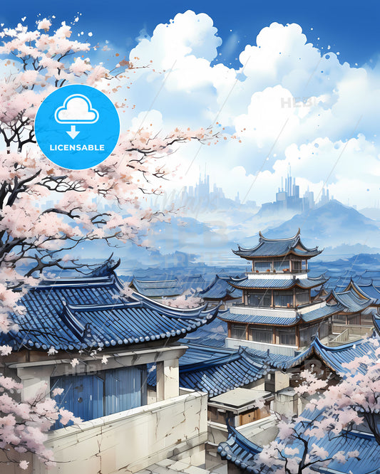 Colorful Tai an Cityscape with Cherry Blossoms - Animated Painting