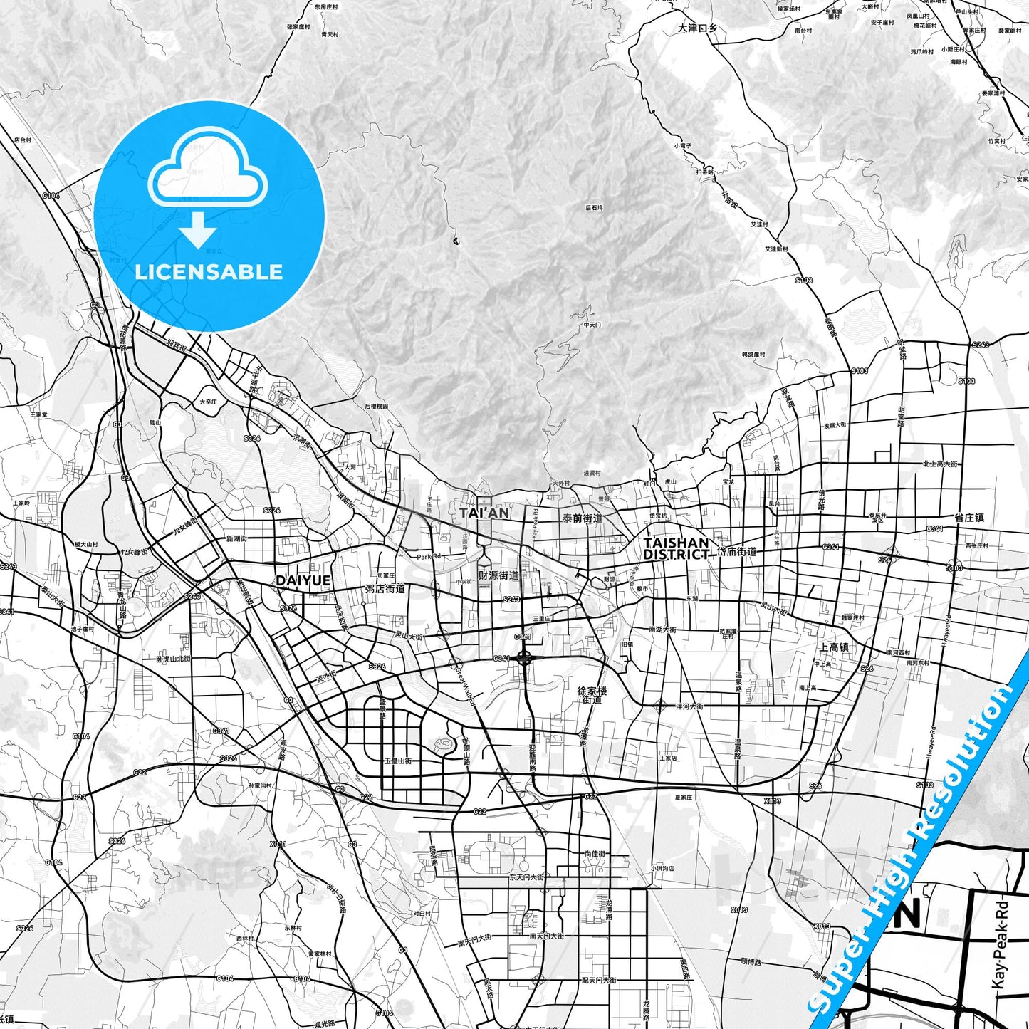 Tai an, China light map with streetnames, citynames and districts