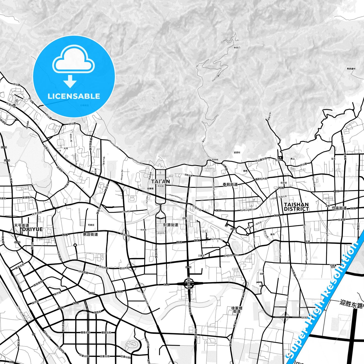 Tai an, China Light Map with Street Names, City Names, and Districts
