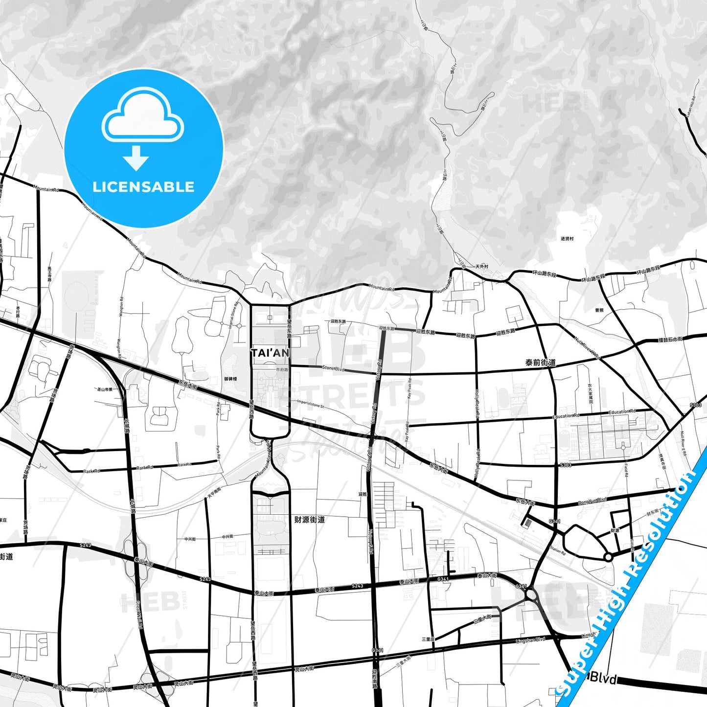 Tai an, China Light Map with Street Names, City Names, and Districts