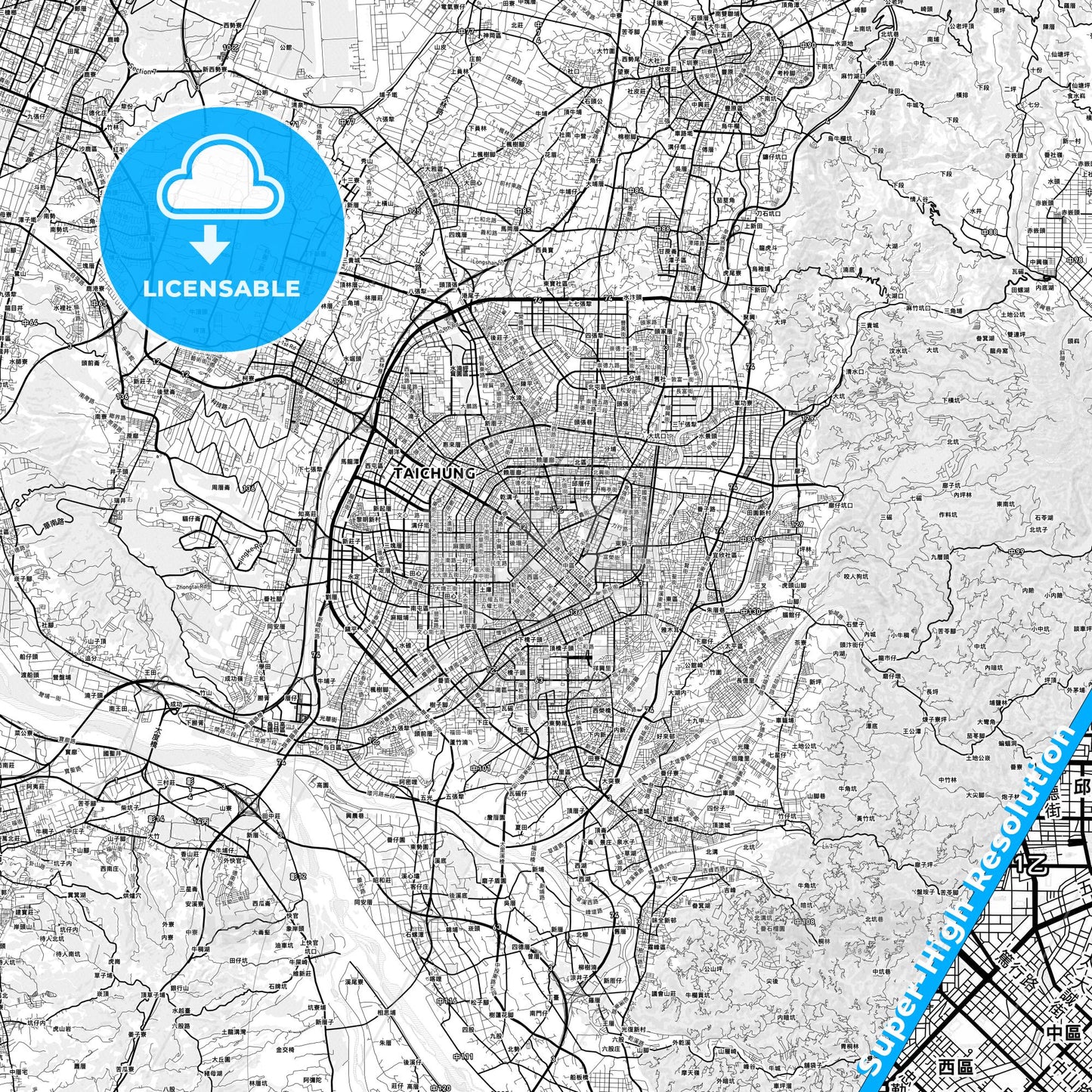 Taichung, Taiwan light map with streetnames, citynames and districts