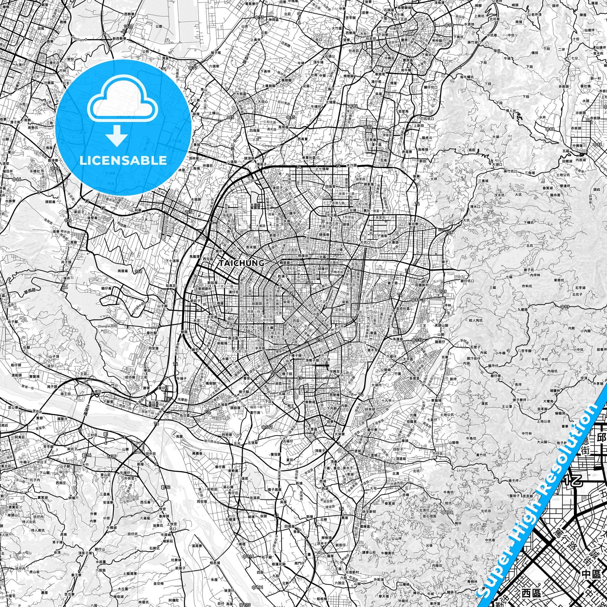 Taichung, Taiwan light map with streetnames, citynames and districts