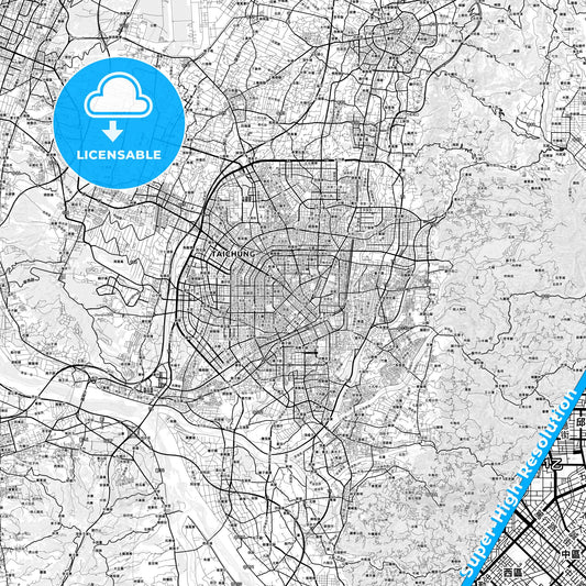 Taichung, Taiwan light map with streetnames, citynames and districts