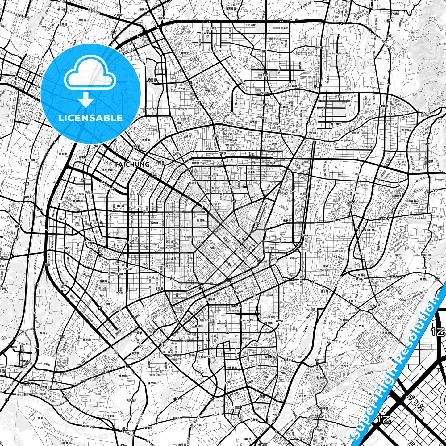 Taichung, Taiwan Light Map with Street Names, City Names, and Districts