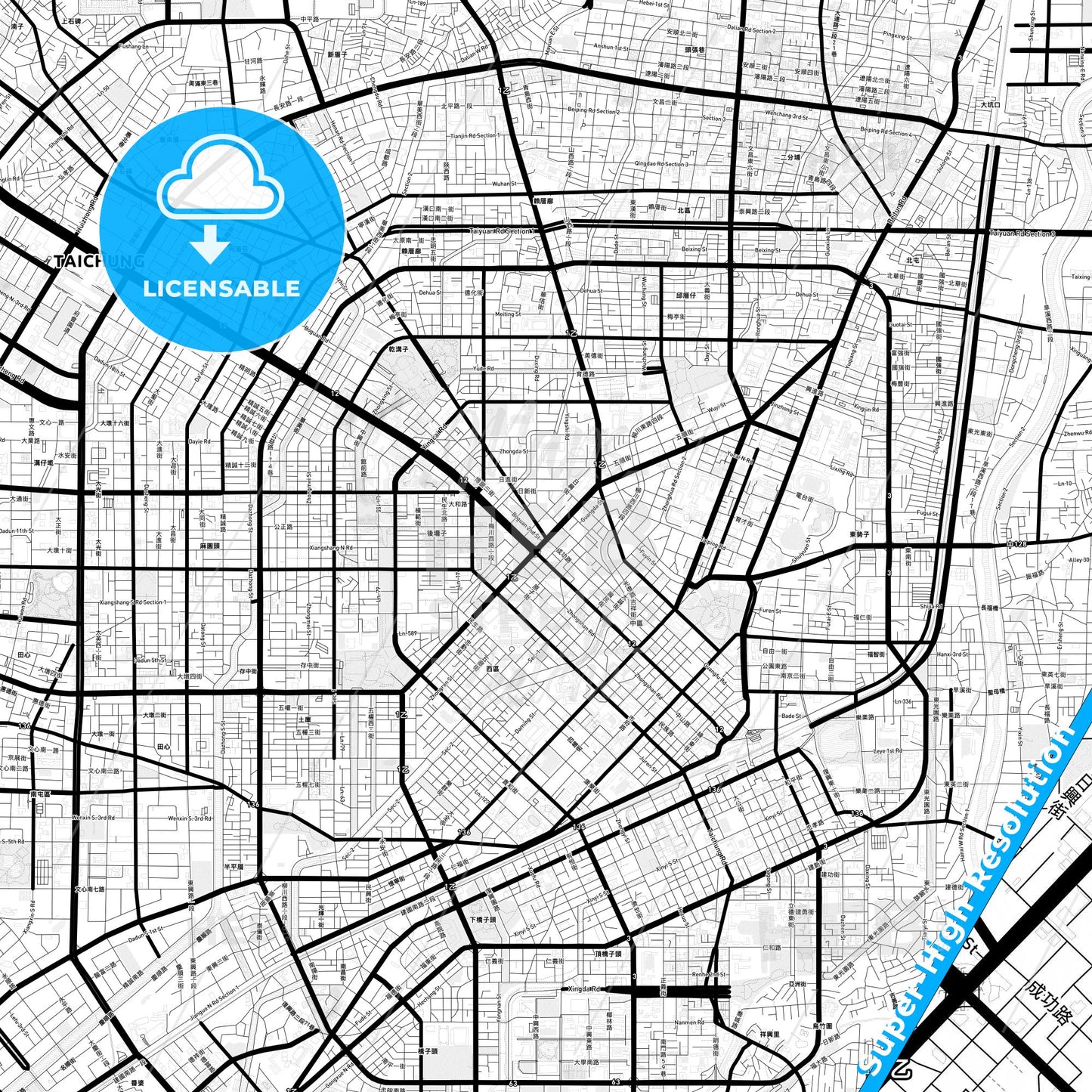 Taichung, Taiwan Light Map with Street Names, City Names, and Districts