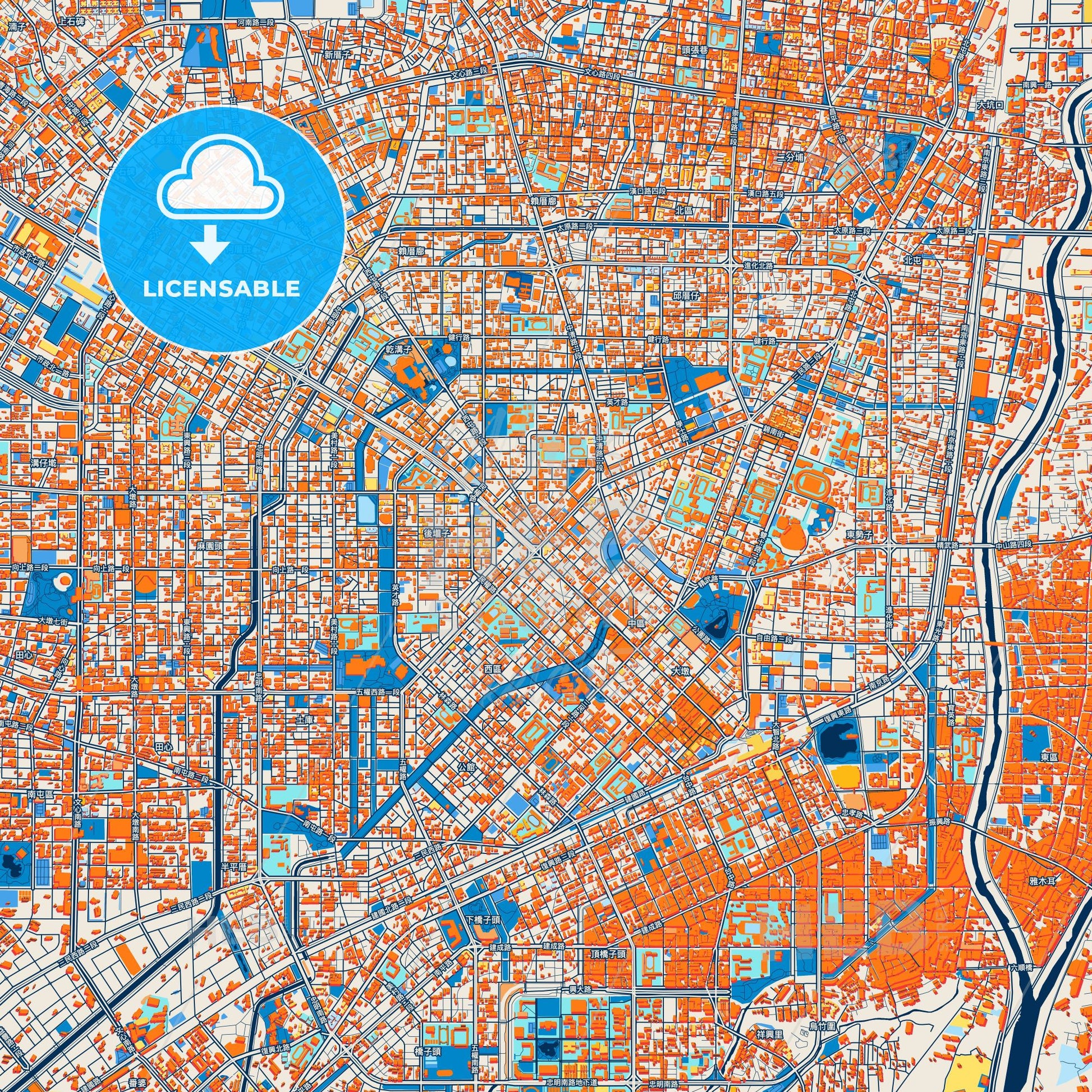 Colorful Taichung Street Map with Labels and Buildings