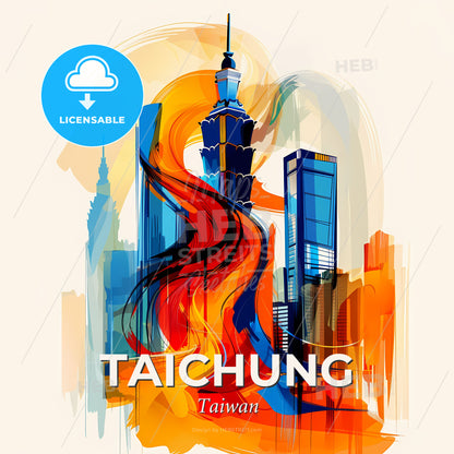 Vibrant Taichung, Taiwan - A Painting Of A City With A Tall Tower And A Fire - Square format print template