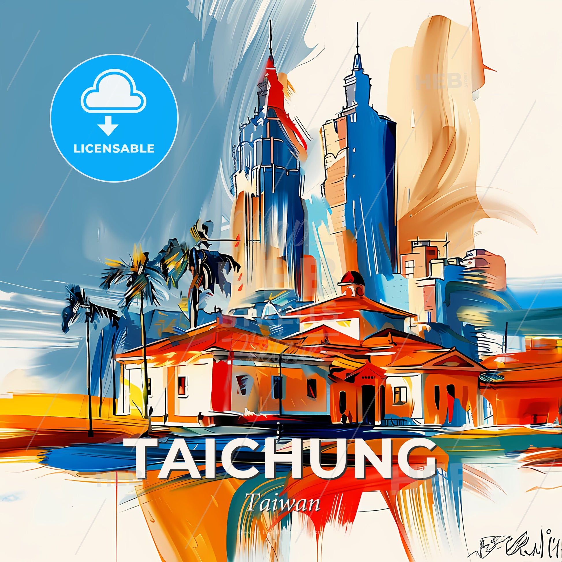 Vibrant Taichung, Taiwan - A Painting Of A City - Square format print template