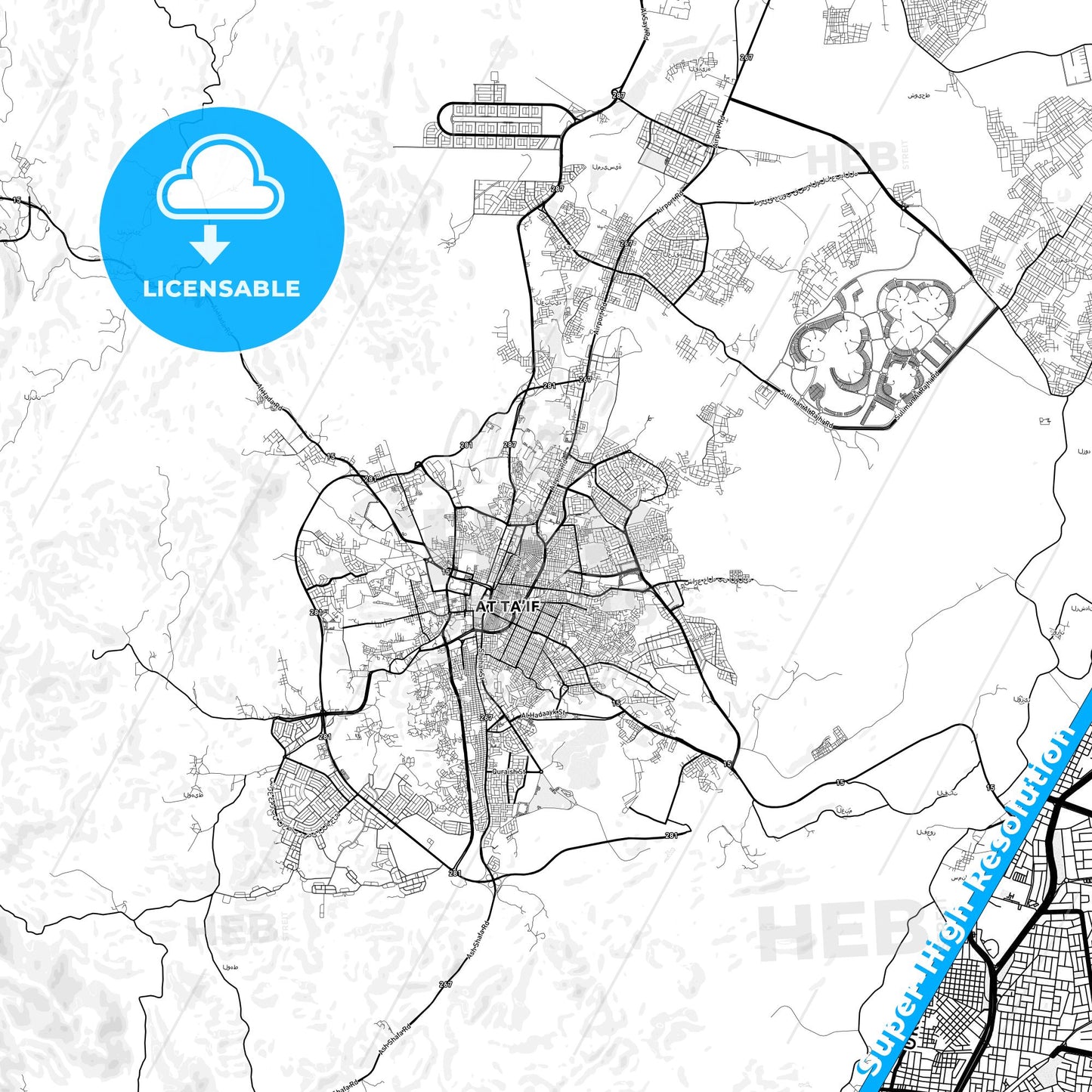 Taif, Saudi Arabia light map with streetnames, citynames and districts