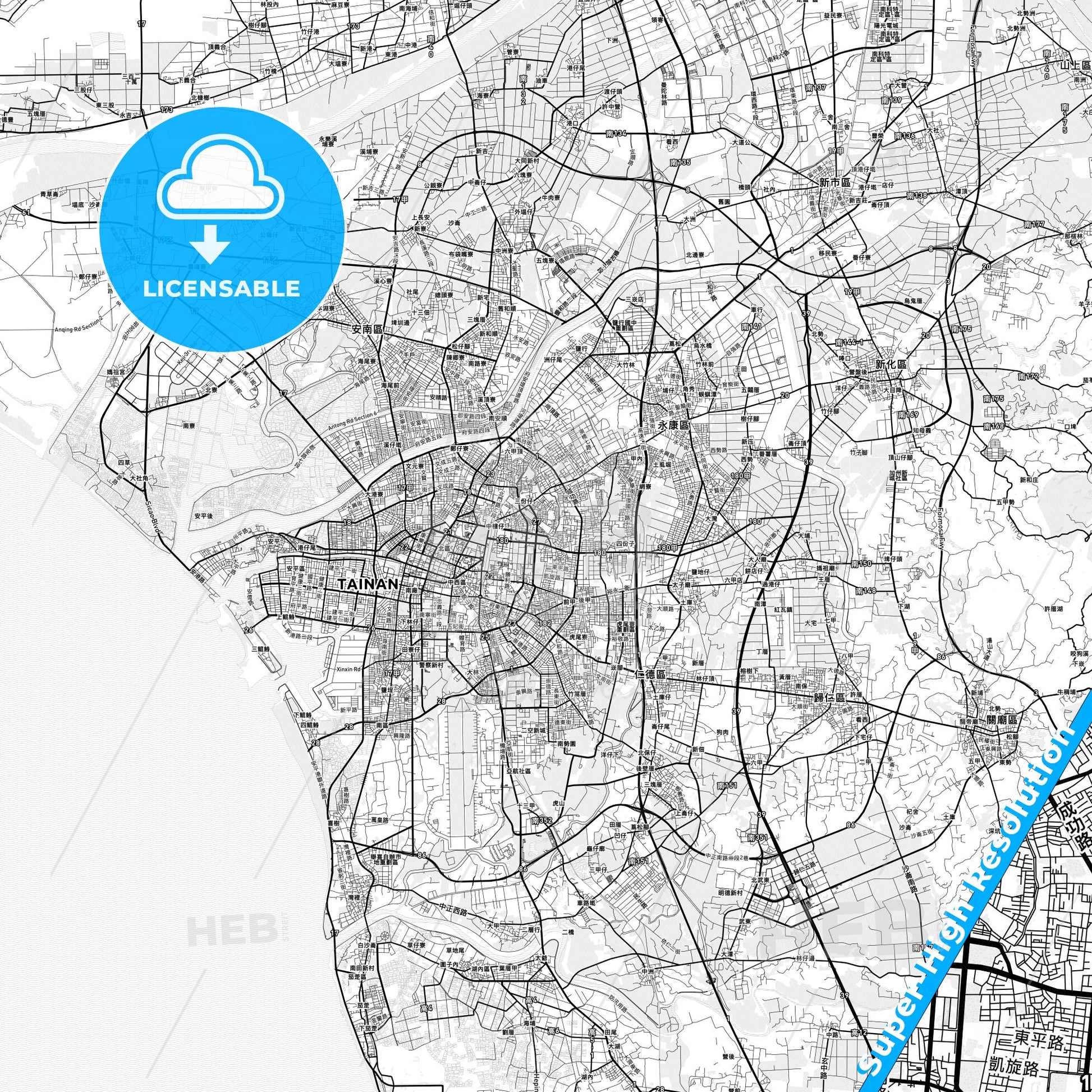 Tainan, Taiwan light map with streetnames, citynames and districts
