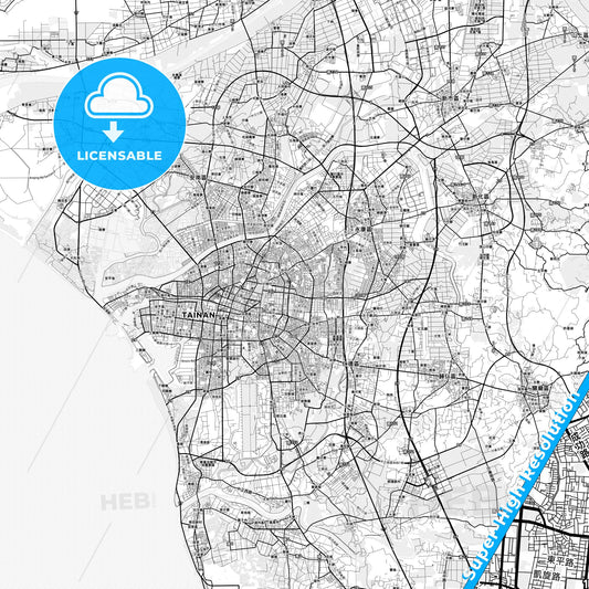 Tainan, Taiwan light map with streetnames, citynames and districts