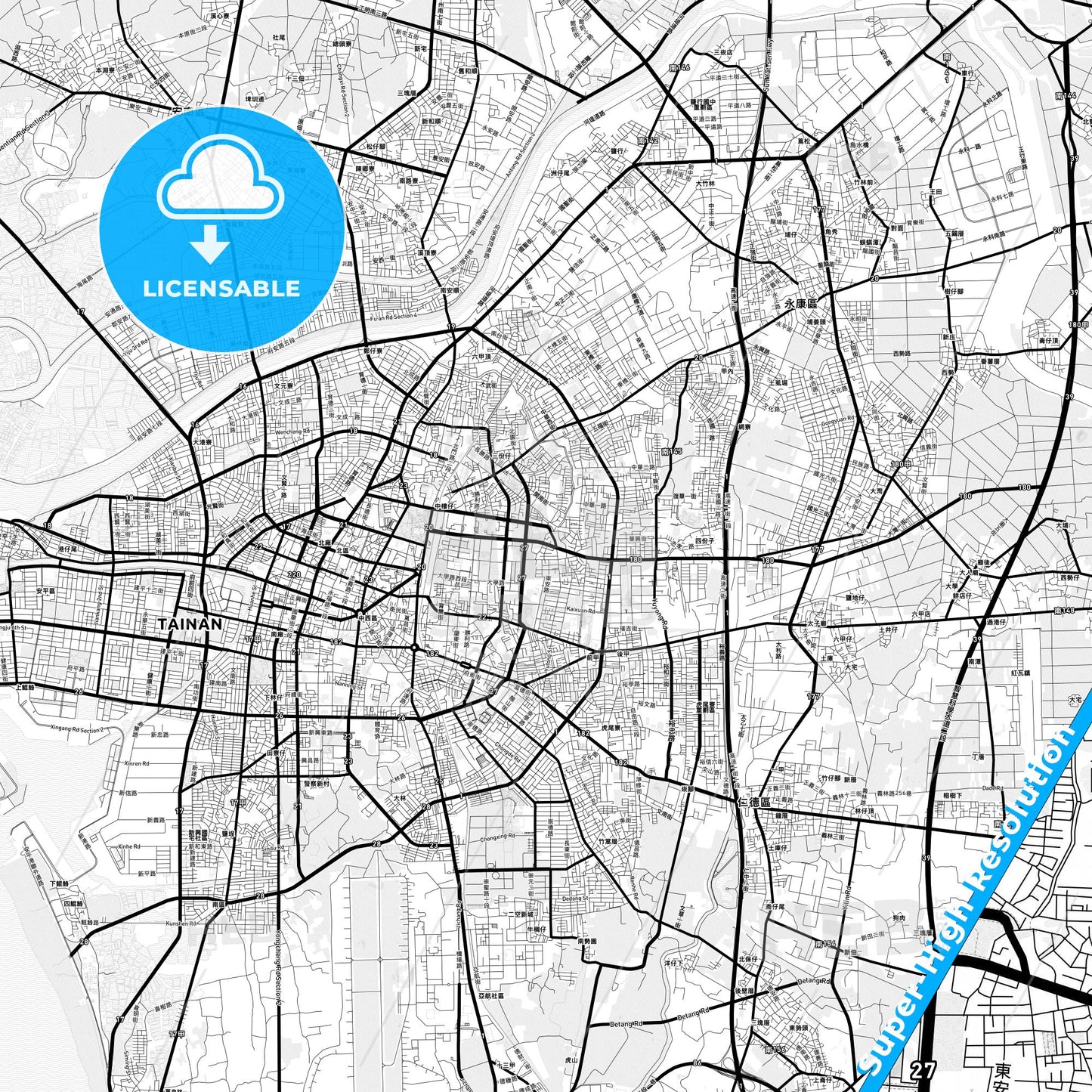 Tainan, Taiwan Light Map with Street Names, City Names, and Districts