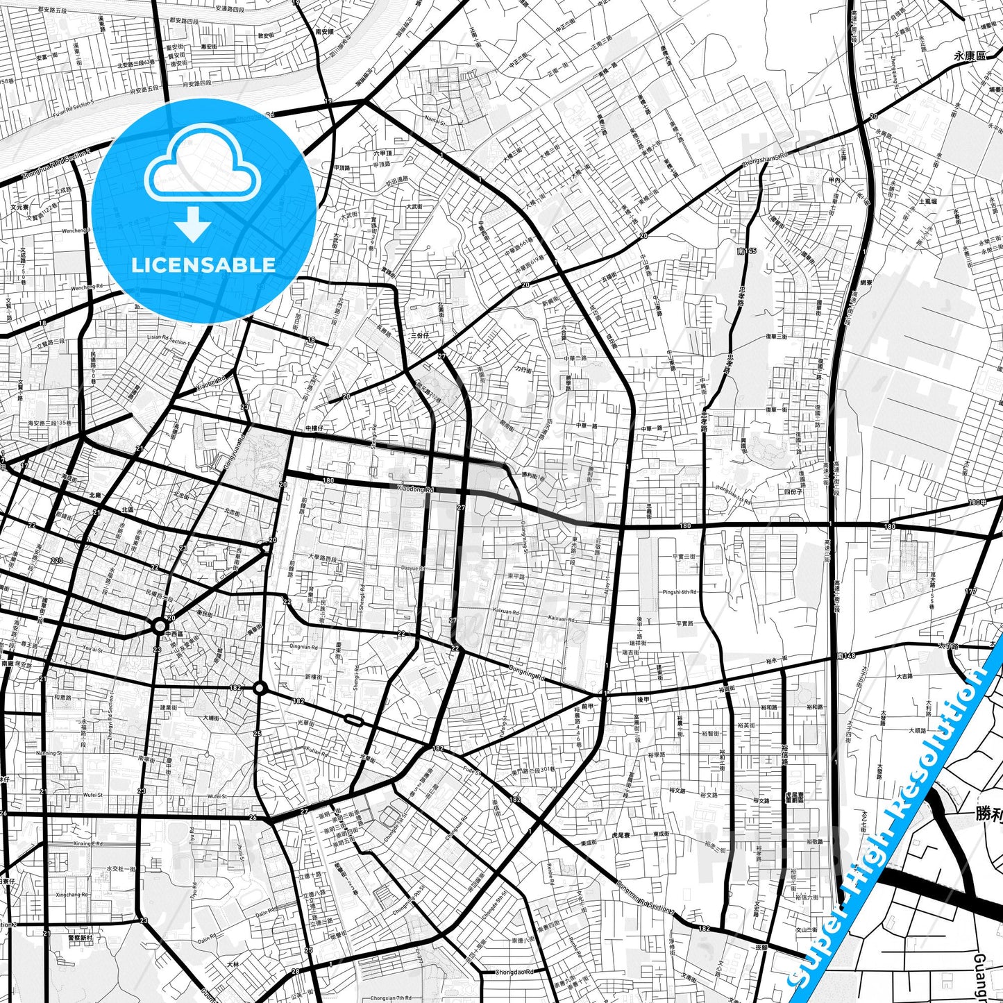 Tainan, Taiwan Light Map with Street Names, City Names, and Districts