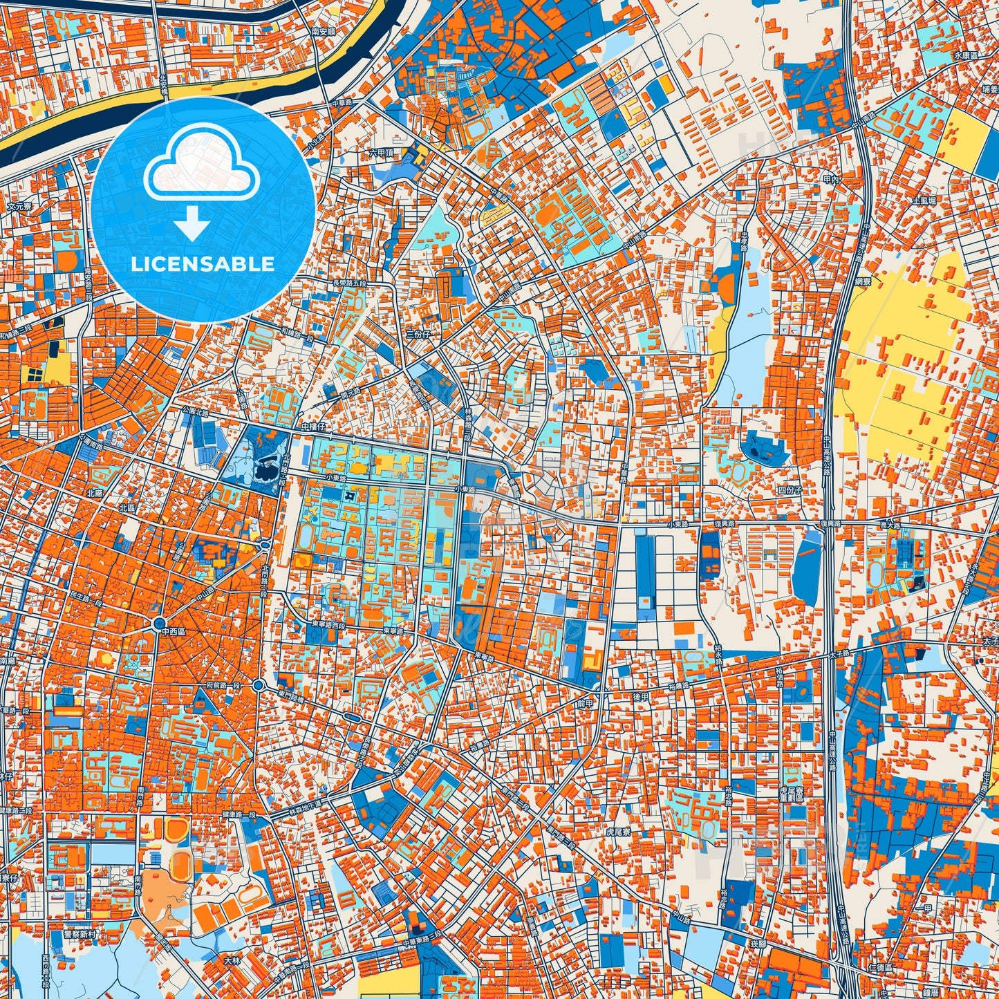 Colorful Tainan Street Map with Labels and Buildings