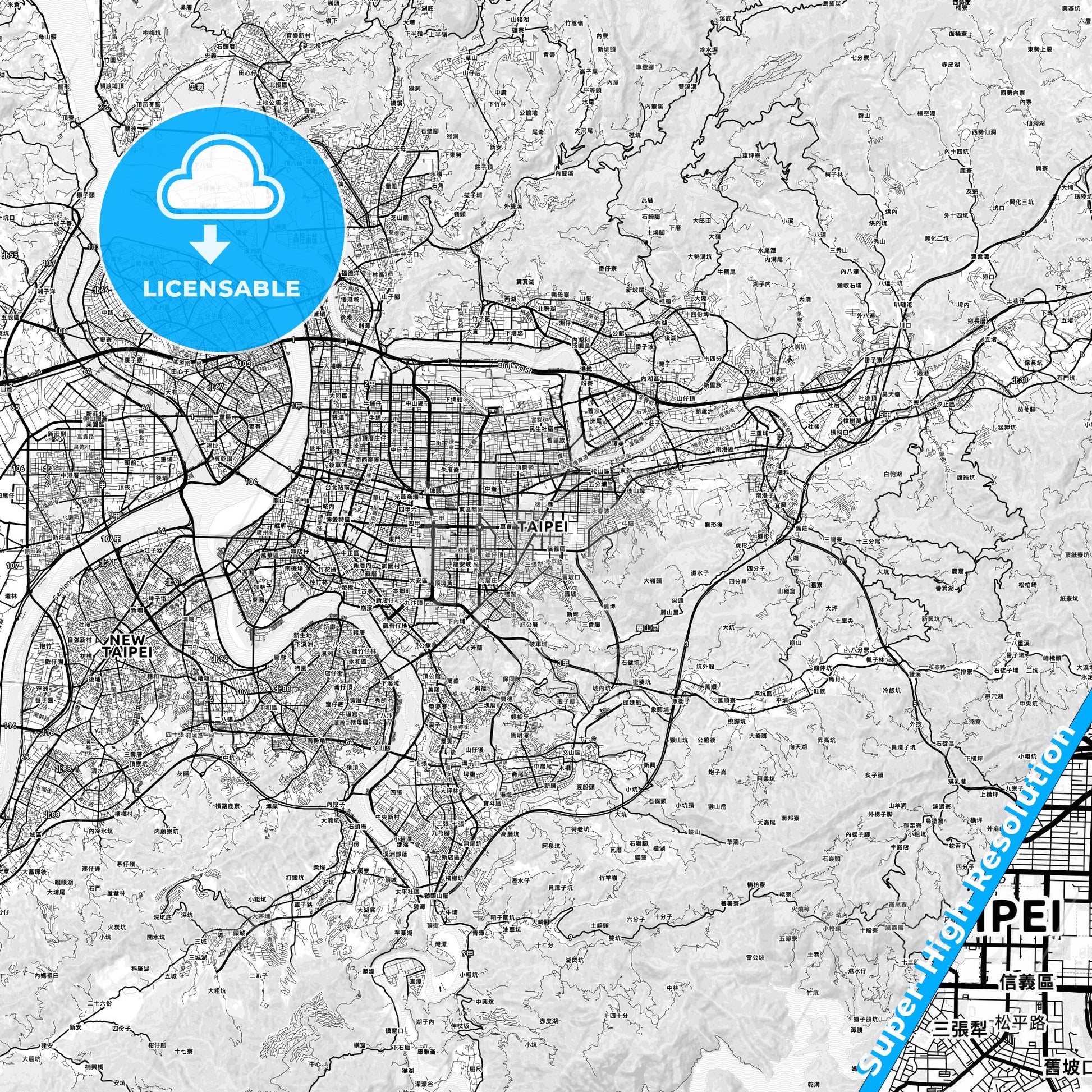 Taipei, Taiwan light map with streetnames, citynames and districts