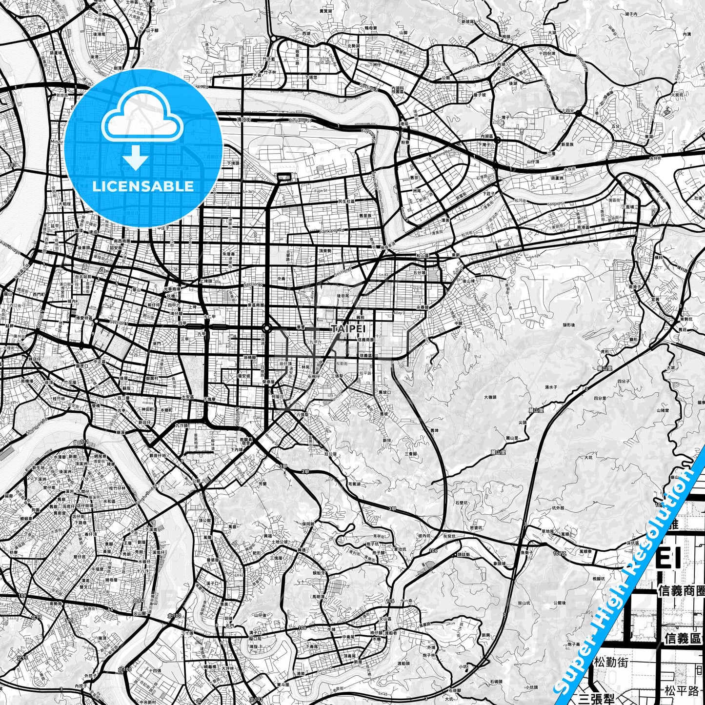 Taipei, Taiwan Light Map with Street Names, City Names, and Districts