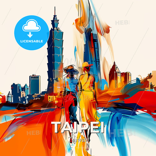 Vibrant Taipei, Taiwan - A Painting Of Two Women Walking In A City - Square format print template