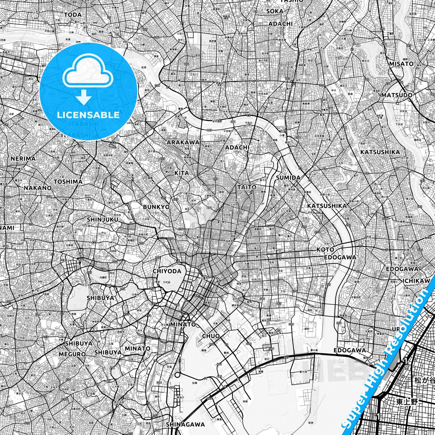 Taitō, Japan light map with streetnames, citynames and districts