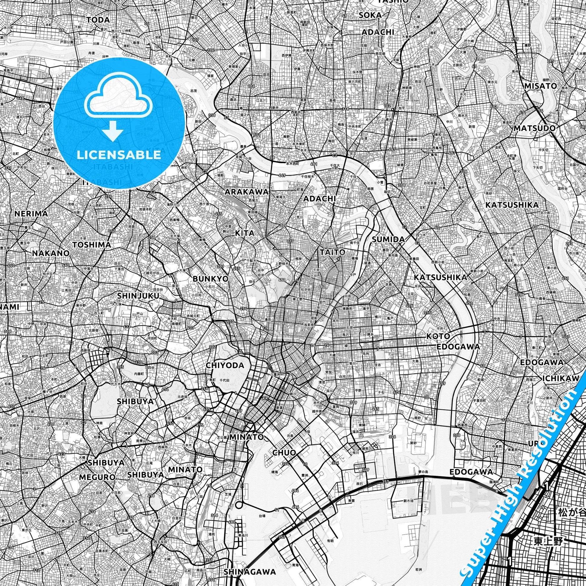 Taitō, Japan light map with streetnames, citynames and districts