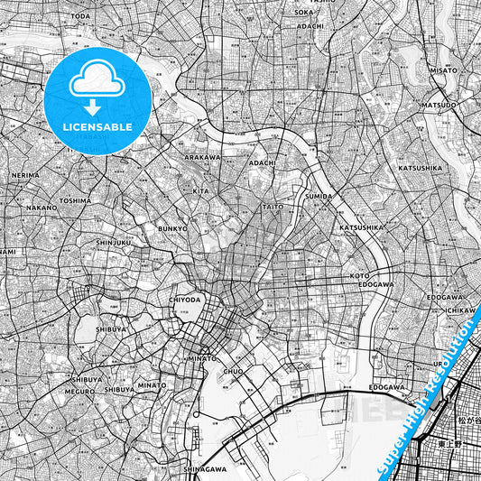 Taitō, Japan light map with streetnames, citynames and districts