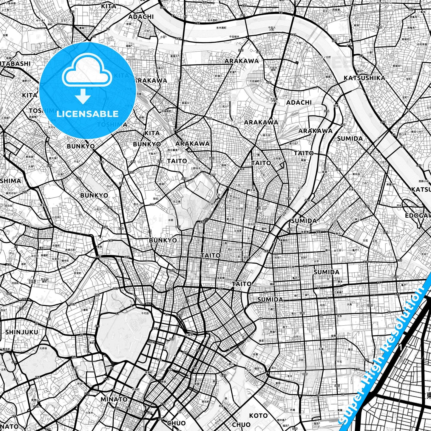 Taitō, Japan Light Map with Street Names, City Names, and Districts