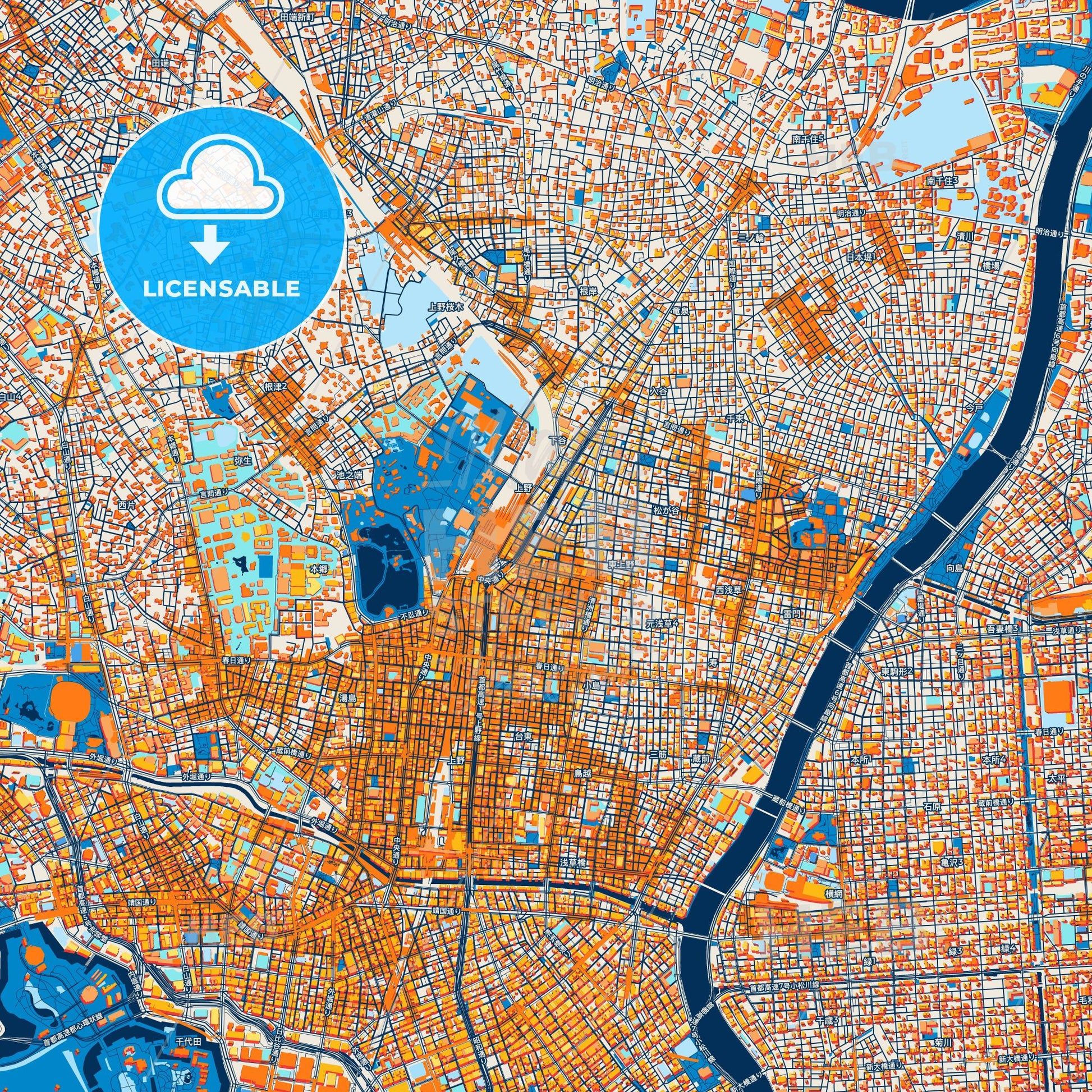 Colorful Taitō Street Map with Labels and Buildings