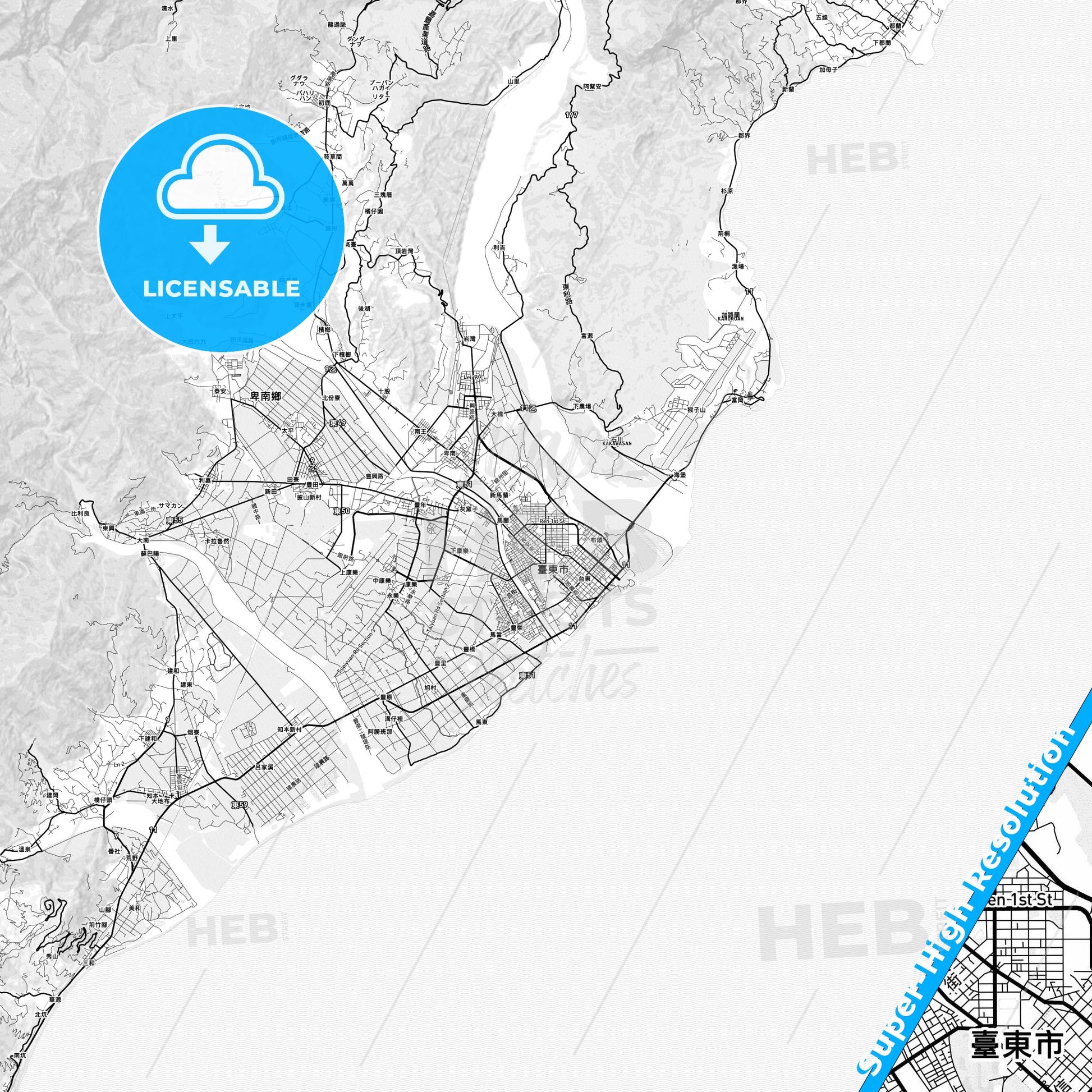 Taitung, Taiwan light map with streetnames, citynames and districts