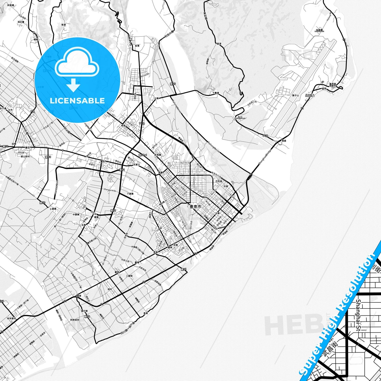 Taitung, Taiwan Light Map with Street Names, City Names, and Districts
