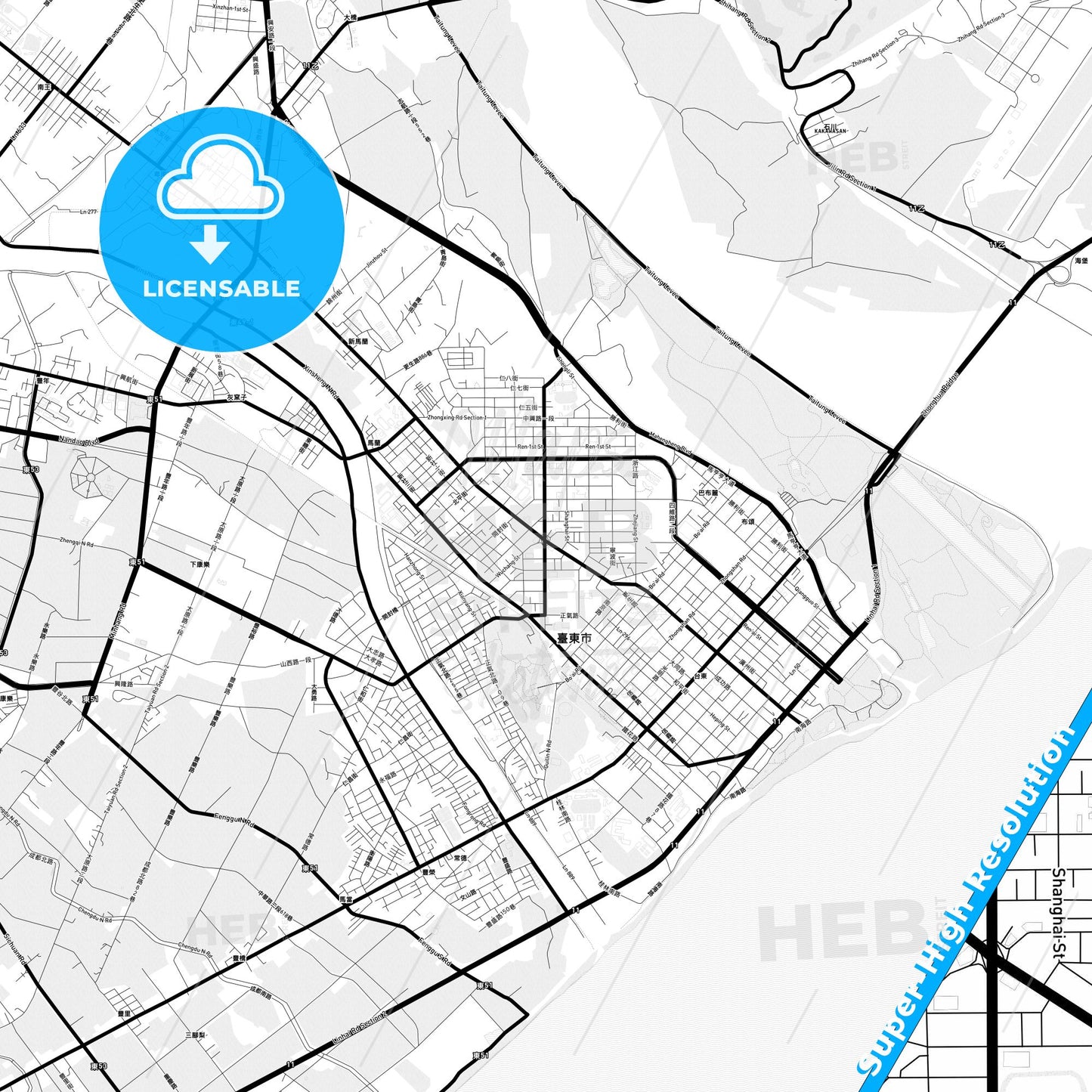 Taitung, Taiwan Light Map with Street Names, City Names, and Districts