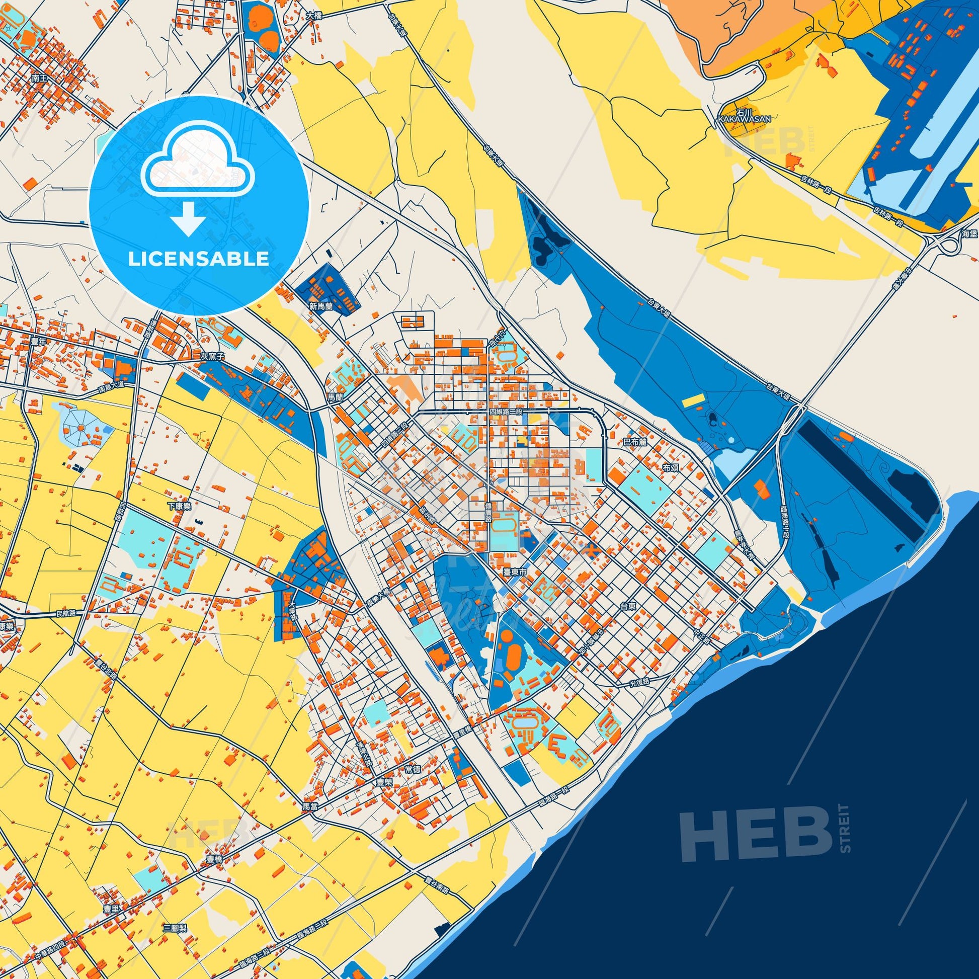 Colorful Taitung Street Map with Labels and Buildings