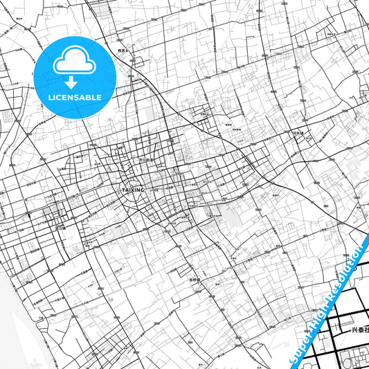 Taixing, China light map with streetnames, citynames and districts