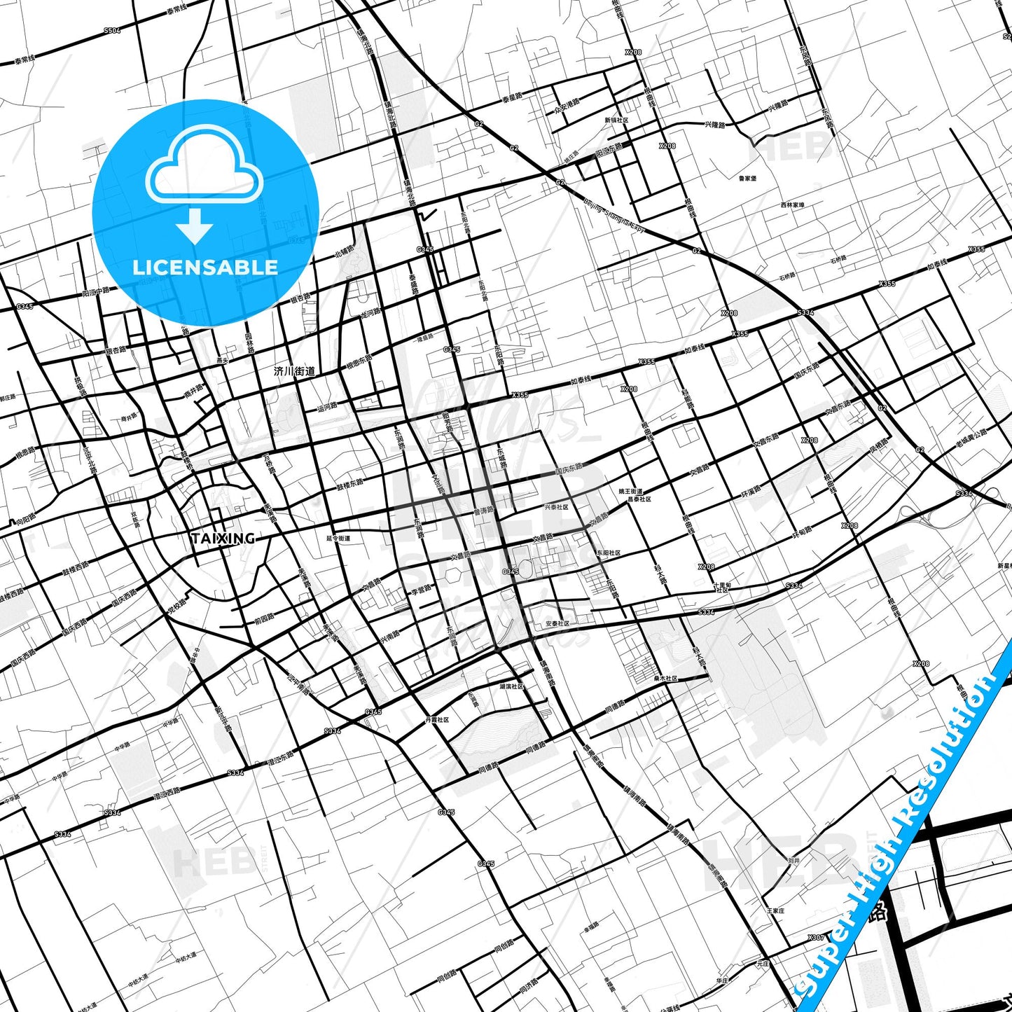 Taixing, China Light Map with Street Names, City Names, and Districts