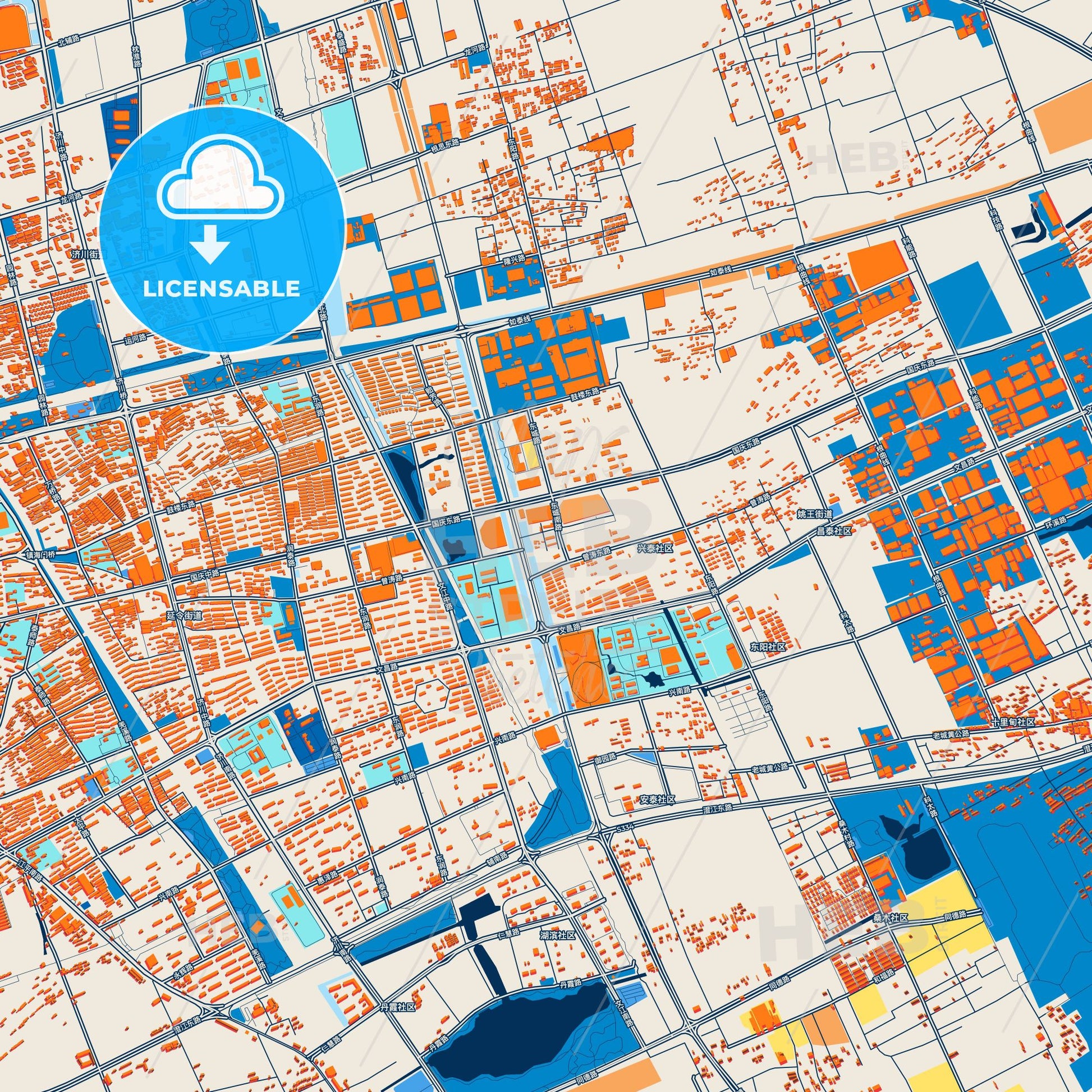 Colorful Taixing Street Map with Labels and Buildings