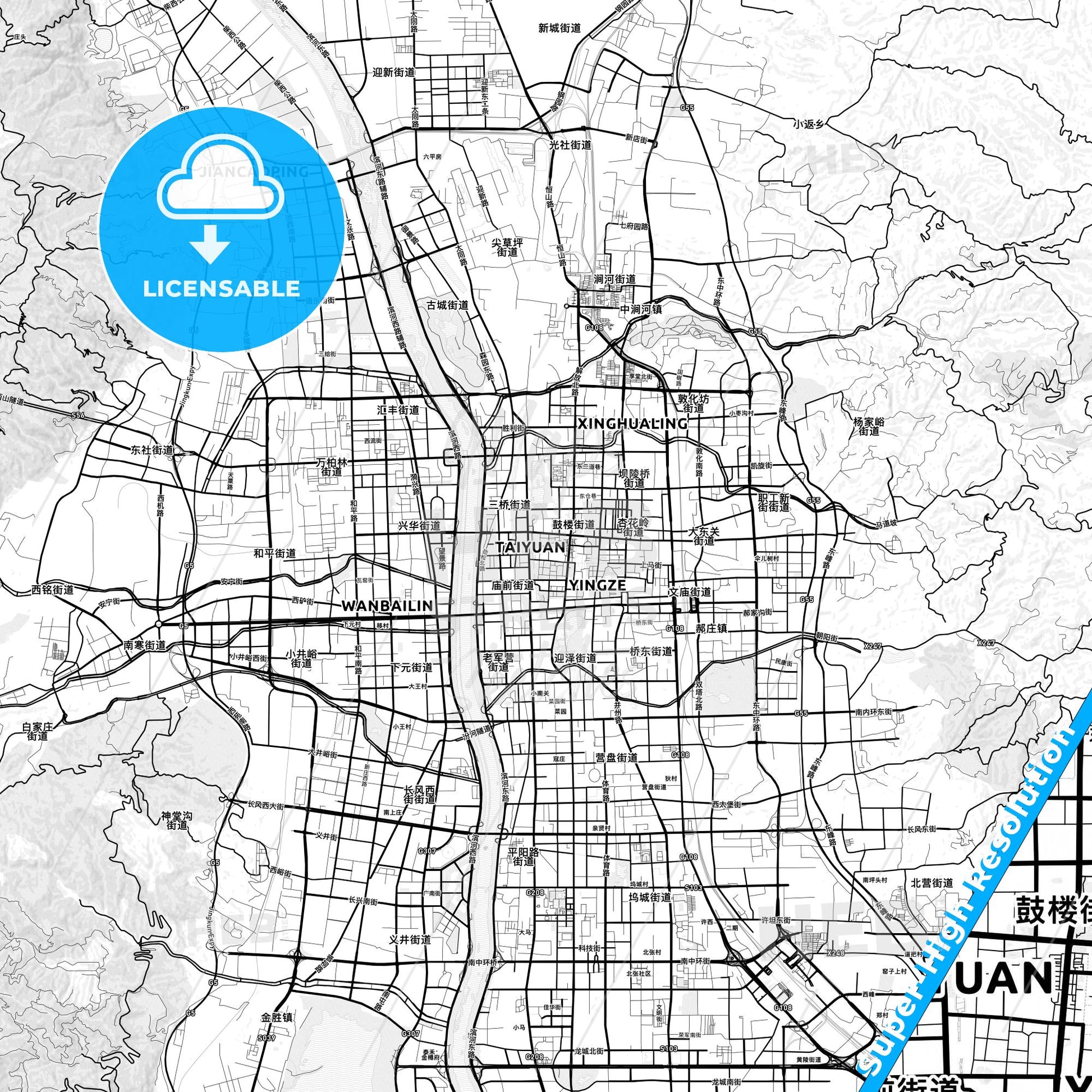 Taiyuan, China light map with streetnames, citynames and districts