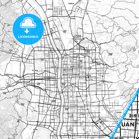 Taiyuan, China light map with streetnames, citynames and districts