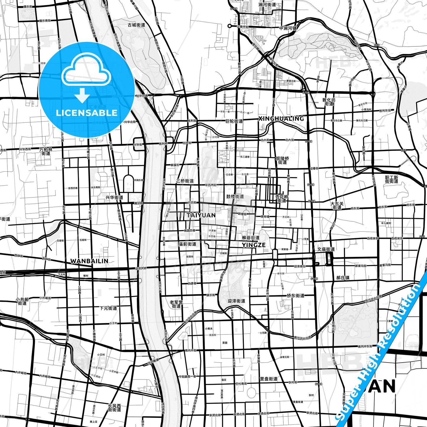 Taiyuan, China Light Map with Street Names, City Names, and Districts