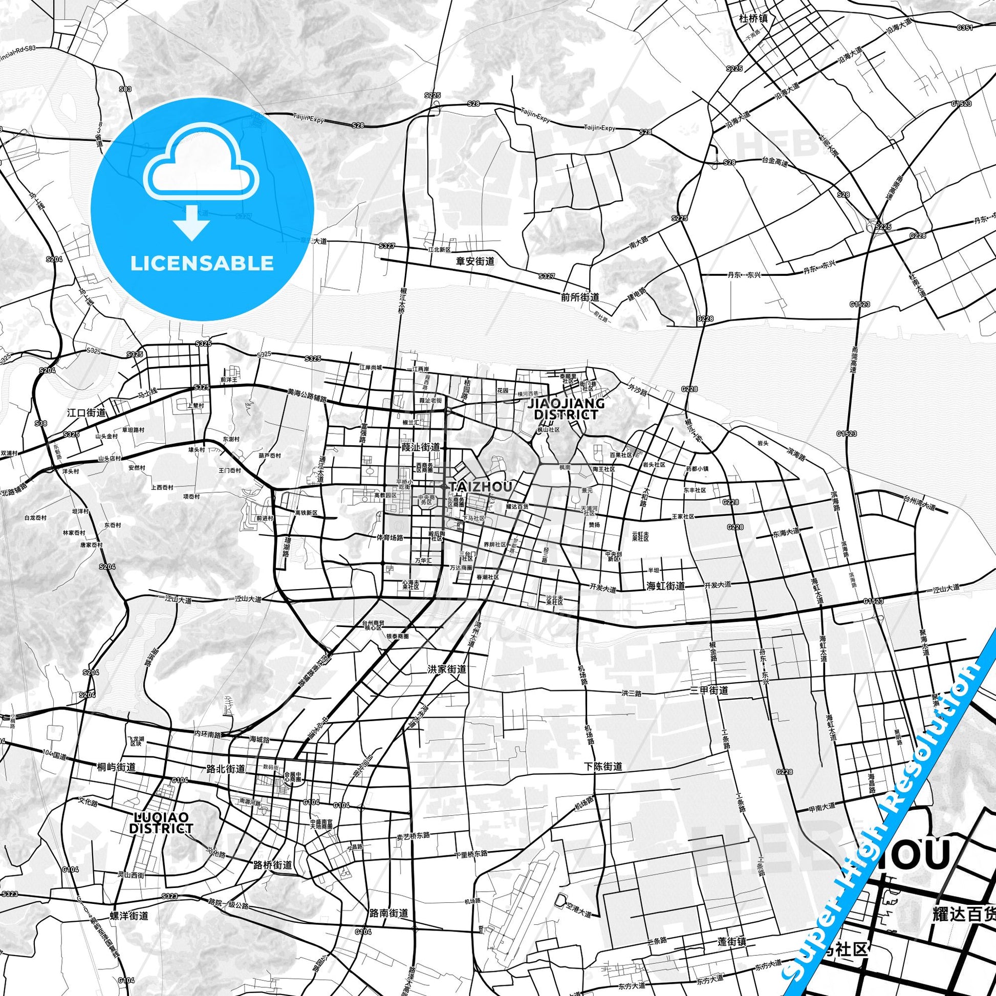 Taizhou, China light map with streetnames, citynames and districts