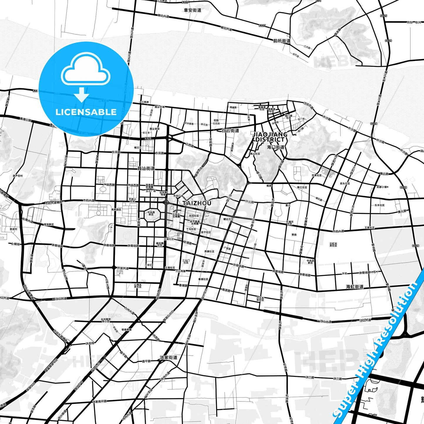 Taizhou, China Light Map with Street Names, City Names, and Districts