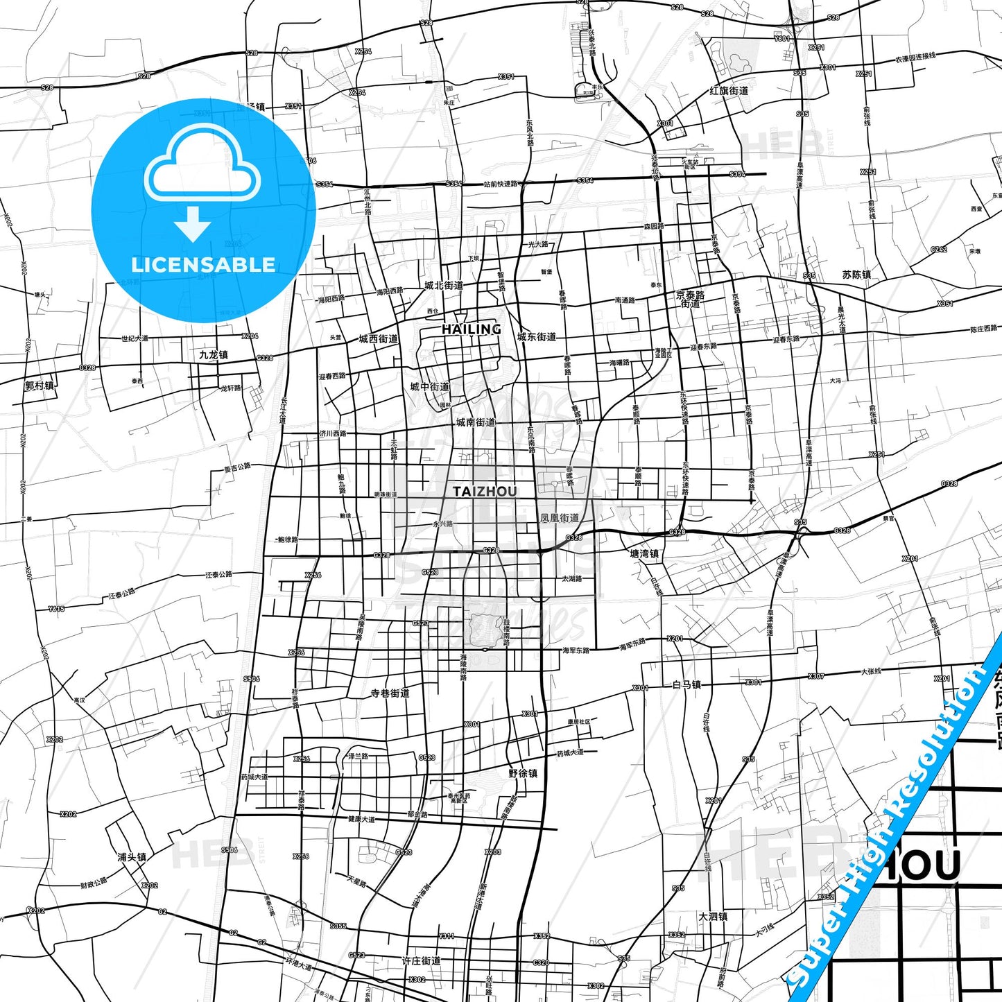 Taizhou, China light map with streetnames, citynames and districts