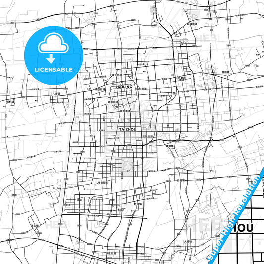 Taizhou, China light map with streetnames, citynames and districts