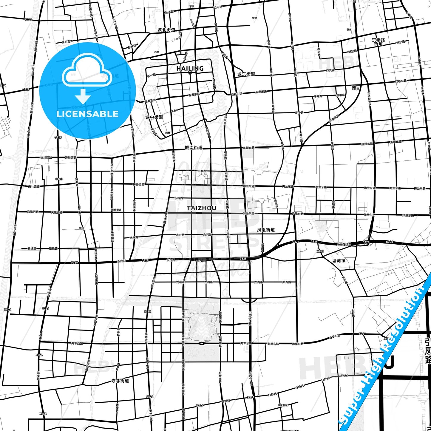 Taizhou, China Light Map with Street Names, City Names, and Districts