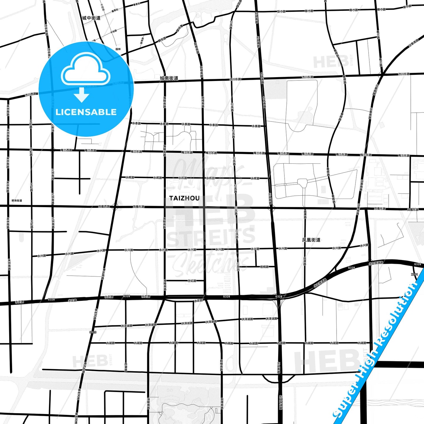 Taizhou, China Light Map with Street Names, City Names, and Districts