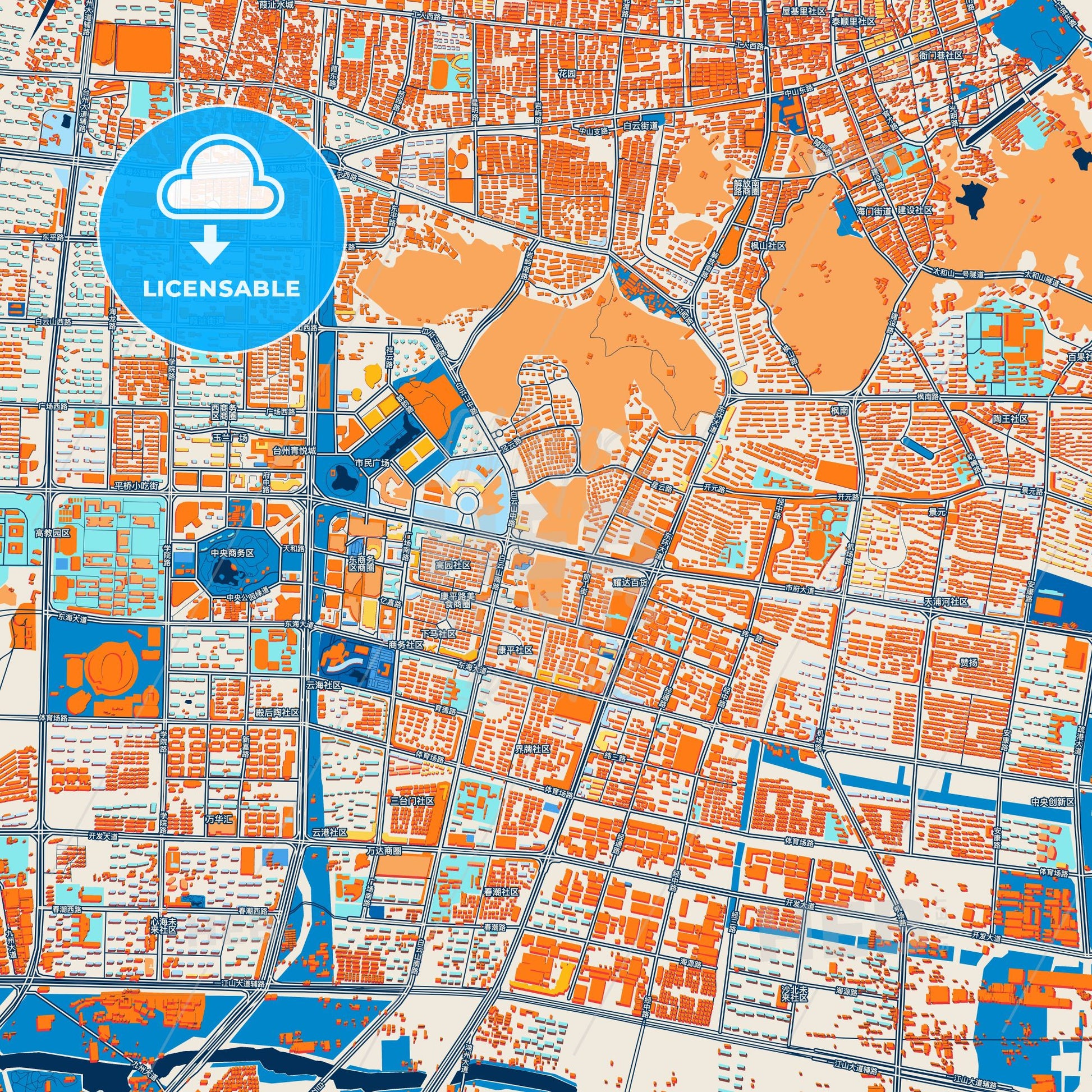 Colorful Taizhou Street Map with Labels and Buildings