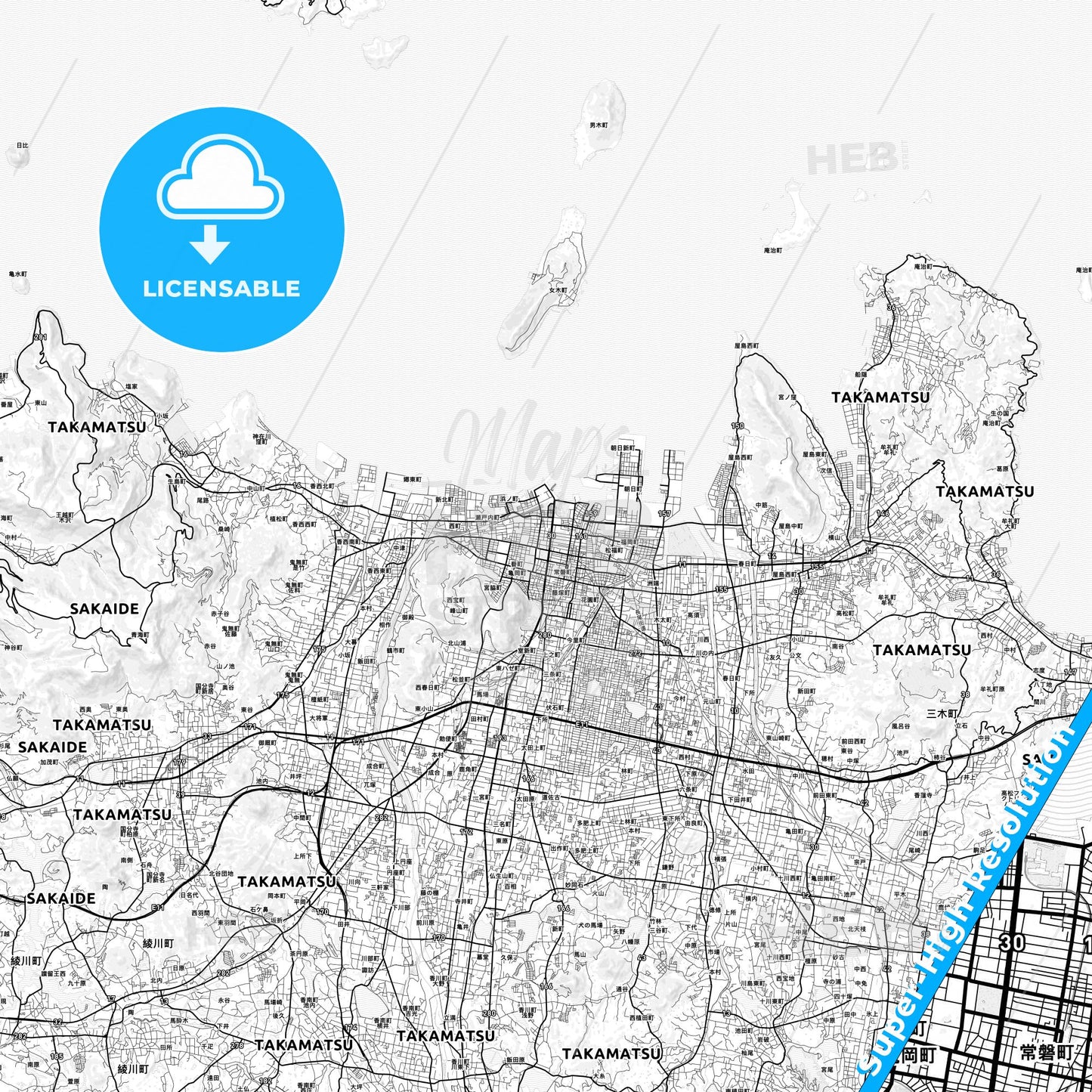 Takamatsu, Japan light map with streetnames, citynames and districts