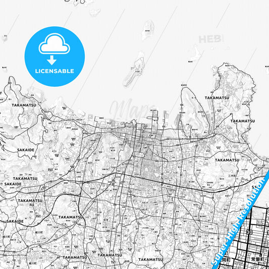 Takamatsu, Japan light map with streetnames, citynames and districts