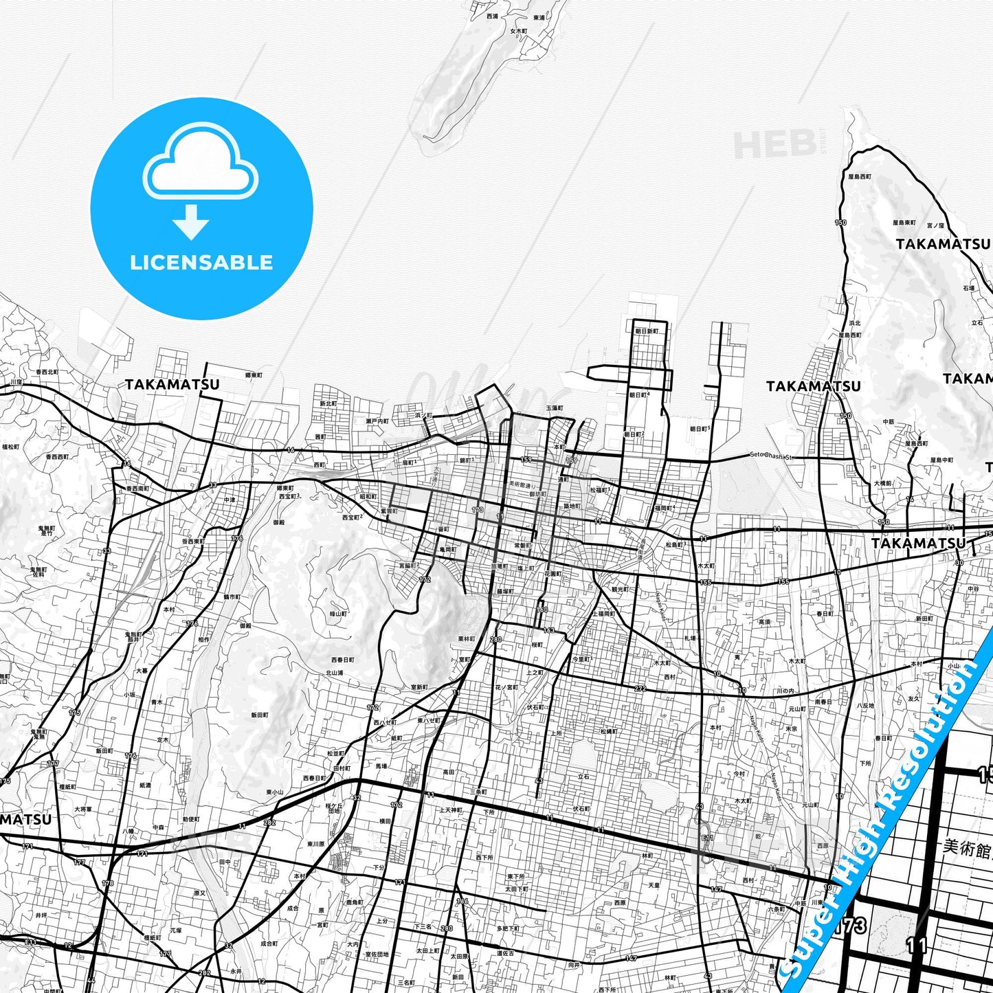 Takamatsu, Japan Light Map with Street Names, City Names, and Districts