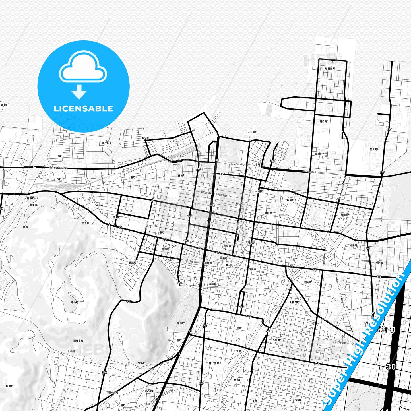 Takamatsu, Japan Light Map with Street Names, City Names, and Districts